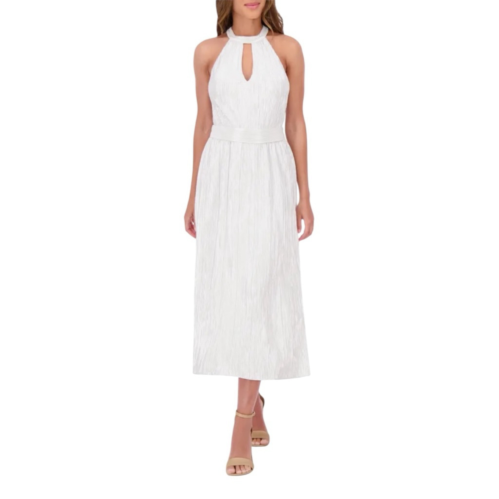 KENSIE Foil Pleated Keyhole Sleeveless Midi Dress Silver Shimmer Size 14
